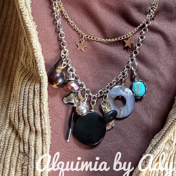 Turquoise and onyx layered multi charms necklace - Picture 3 of 4
